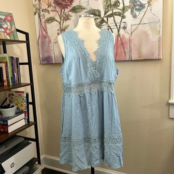 Rue 21 dress size 3X v-neck crochet trim babydoll baby blue - Picture 5 of 7